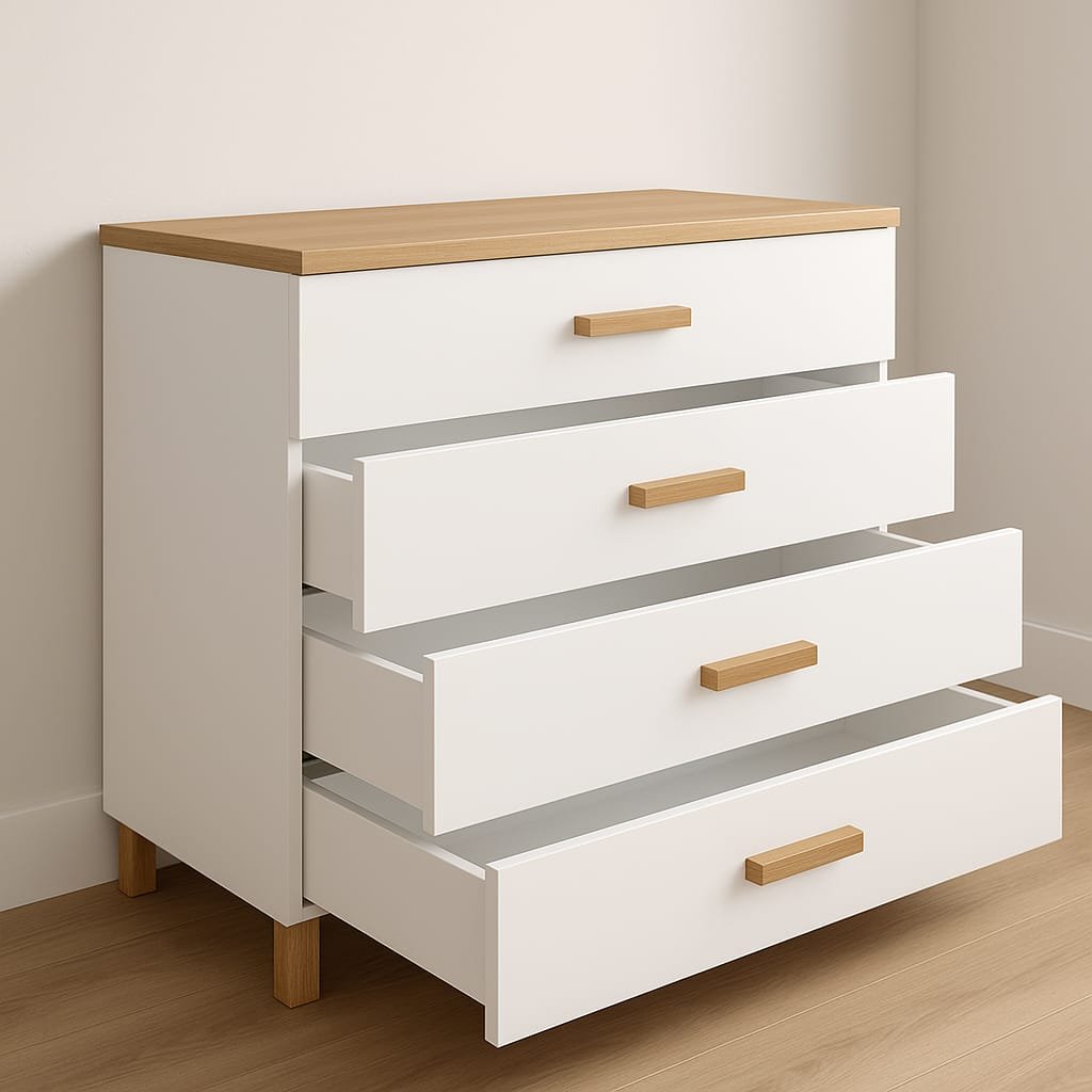 Cómoda blanca con cuatro cajones y detalles en madera cómoda de cuatro cajones