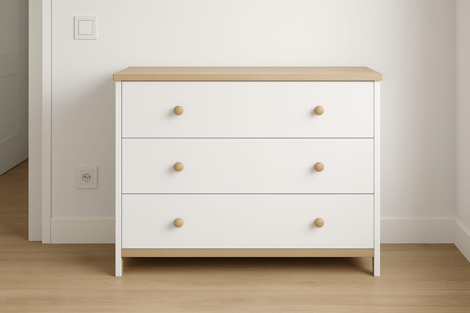 Cómoda en blanco y madera con tres cajones cómoda de tres cajones