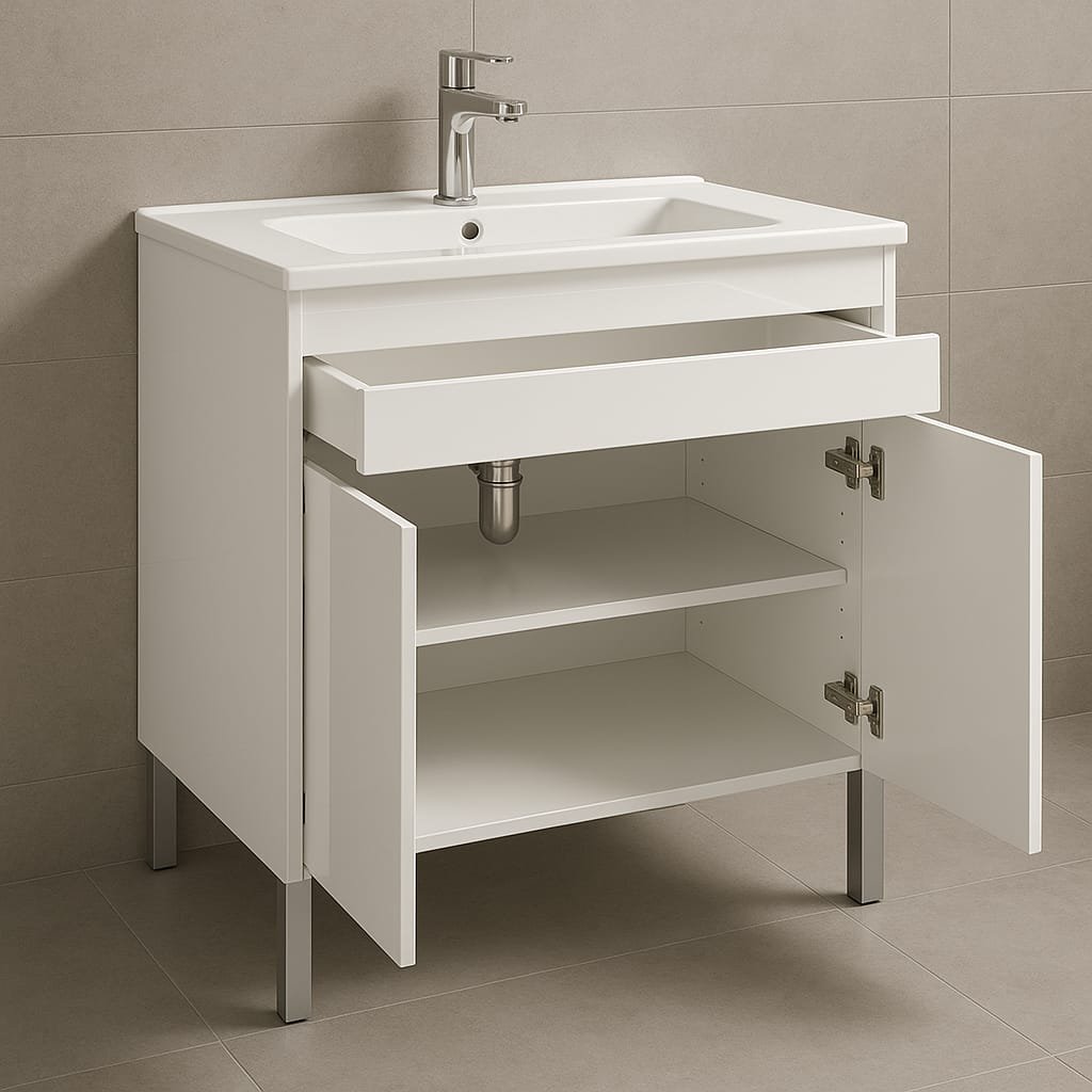 Mueble de baño blanco con lavabo cerámico y almacenaje Mueble de baño blanco con lavabo cerámico y almacenaje - Imagen 2